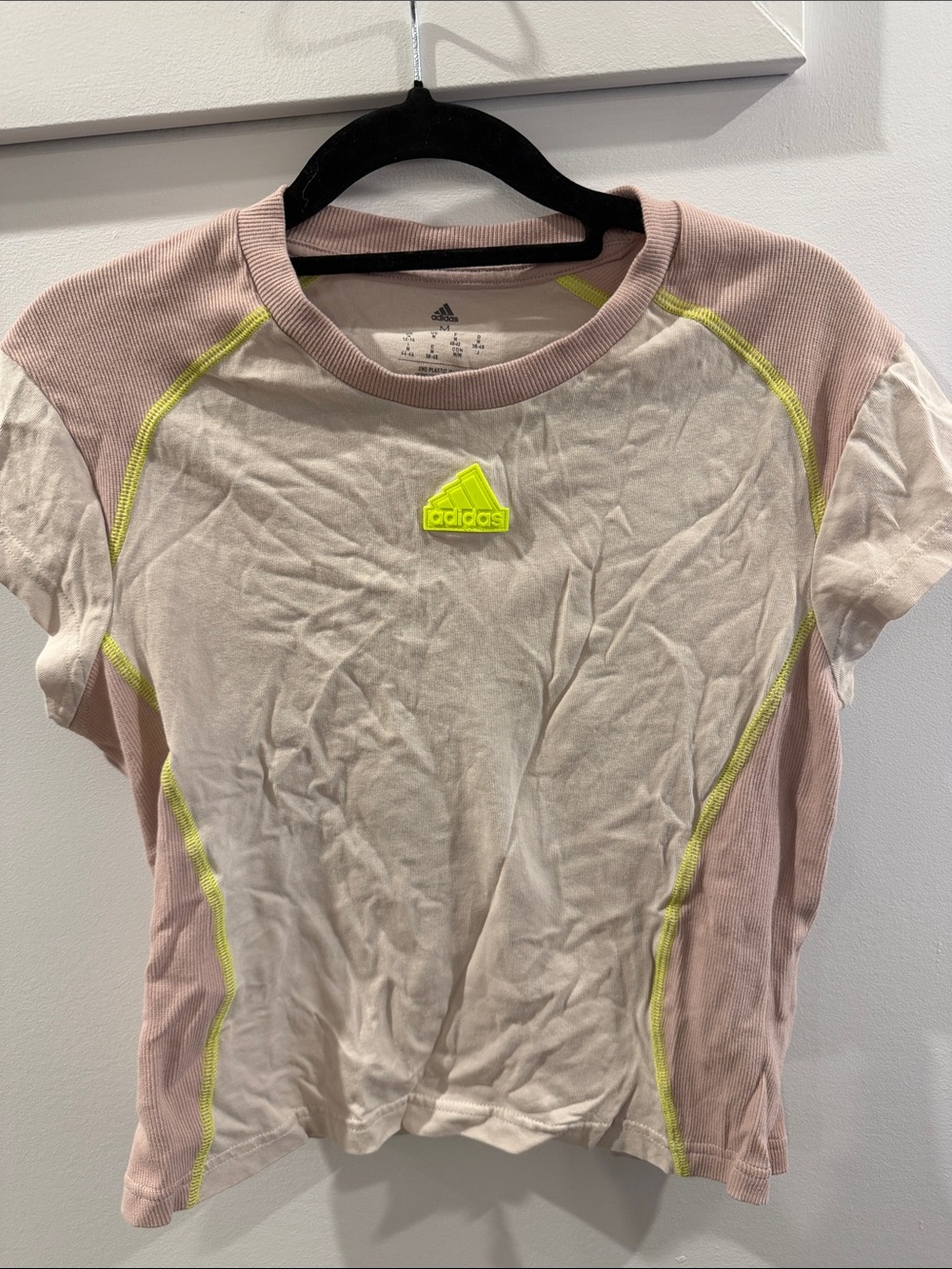 adidas Short Sleeve Tee in Light Pink & Neon Yellow Accent
